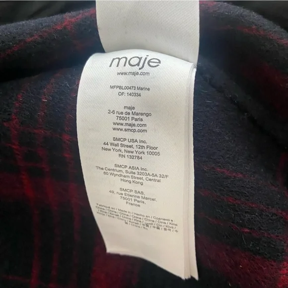 MAJE Bloppane Plaid Wool Blend Bomber Jacket FR38 US6 Red Navy Parisian Chic - Picture 6 of 11